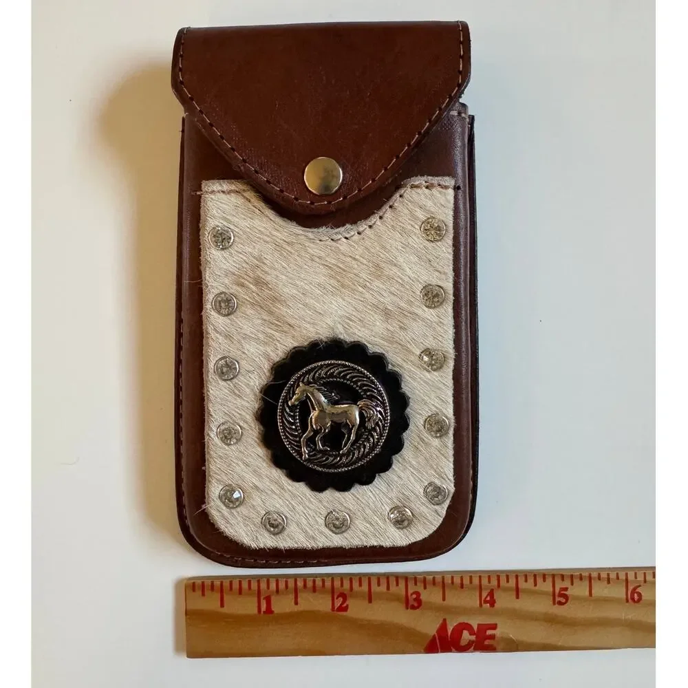 Custom Made Brown Leather Cowhide Western Cell Phone Holster Horse Concho EUC
